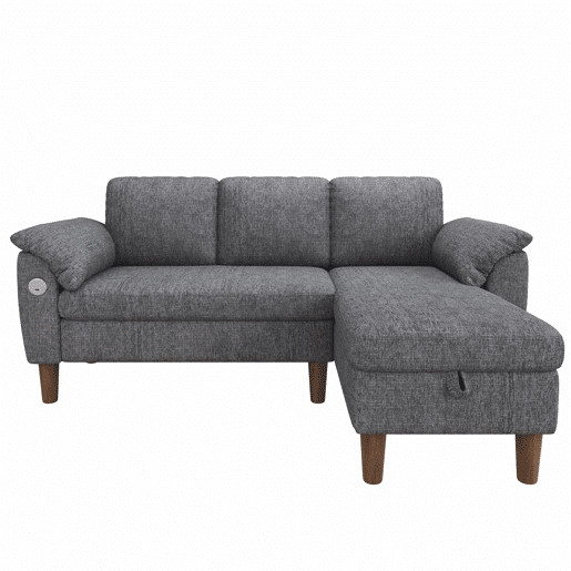 Sofá de canto L de 3 lugares - chaise longue com arrumação, reversível, USBType-C, bolsos laterais, chenille - cinzento claro Sofá de canto L de 3 lugares - chaise longue com arrumação, reversível, USBType-C, bolsos laterais, chenille - cinzento claro