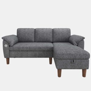 Sofá de canto L de 3 lugares - chaise longue com arrumação, reversível, USBType-C, bolsos laterais, chenille - cinzento claro