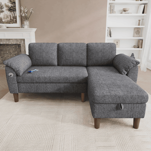 Sofá de canto L de 3 lugares - chaise longue com arrumação, reversível, USBType-C, bolsos laterais, chenille - cinzento claro Sofá de canto L de 3 lugares - chaise longue com arrumação, reversível, USBType-C, bolsos laterais, chenille - cinzento claro