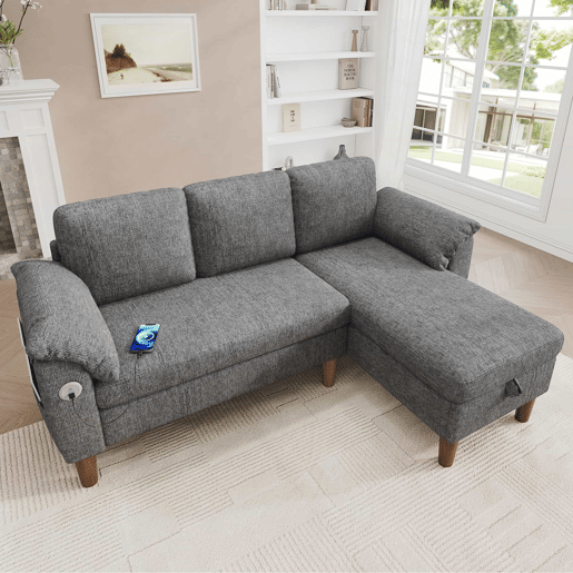 Sofá de canto L de 3 lugares - chaise longue com arrumação, reversível, USBType-C, bolsos laterais, chenille - cinzento claro Sofá de canto L de 3 lugares - chaise longue com arrumação, reversível, USBType-C, bolsos laterais, chenille - cinzento claro