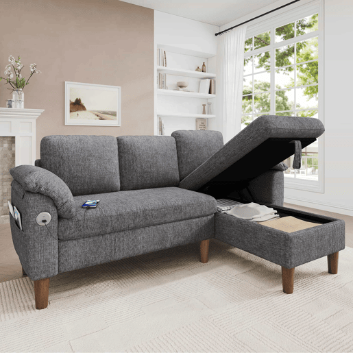 Sofá de canto L de 3 lugares - chaise longue com arrumação, reversível, USBType-C, bolsos laterais, chenille - cinzento claro Sofá de canto L de 3 lugares - chaise longue com arrumação, reversível, USBType-C, bolsos laterais, chenille - cinzento claro
