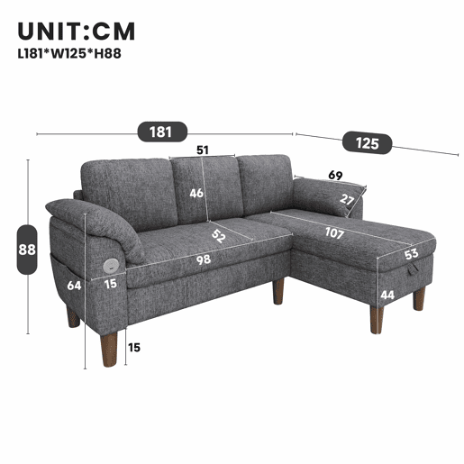 Sofá de canto L de 3 lugares - chaise longue com arrumação, reversível, USBType-C, bolsos laterais, chenille - cinzento claro Sofá de canto L de 3 lugares - chaise longue com arrumação, reversível, USBType-C, bolsos laterais, chenille - cinzento claro