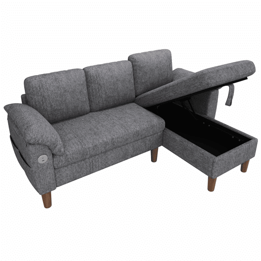 Sofá de canto L de 3 lugares - chaise longue com arrumação, reversível, USBType-C, bolsos laterais, chenille - cinzento claro Sofá de canto L de 3 lugares - chaise longue com arrumação, reversível, USBType-C, bolsos laterais, chenille - cinzento claro
