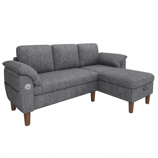 Sofá de canto L de 3 lugares - chaise longue com arrumação, reversível, USBType-C, bolsos laterais, chenille - cinzento claro Sofá de canto L de 3 lugares - chaise longue com arrumação, reversível, USBType-C, bolsos laterais, chenille - cinzento claro