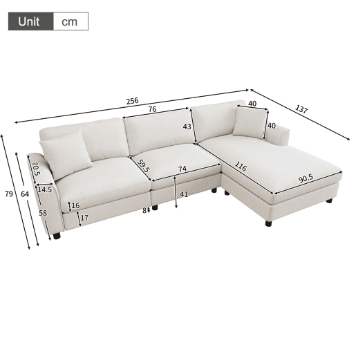 Sofá de canto 256 x 137 x 79 cm - modular em forma de nuvem, com chaise longue reversível e zona de descanso extra larga - Bege Sofá de canto 256 x 137 x 79 cm - modular em forma de nuvem, com chaise longue reversível e zona de descanso extra larga - Bege