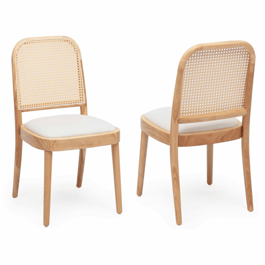 2 cadeiras de jantar - encosto em rattan, estofadas em linho, confortáveis e respiráveis, estilo moderno - cor de madeira