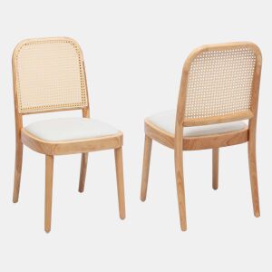 2 cadeiras de jantar - encosto em rattan, estofadas em linho, confortáveis e respiráveis, estilo moderno - cor de madeira