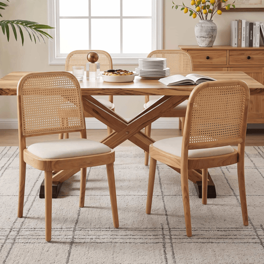 2 cadeiras de jantar - encosto em rattan, estofadas em linho, confortáveis e respiráveis, estilo moderno - cor de madeira