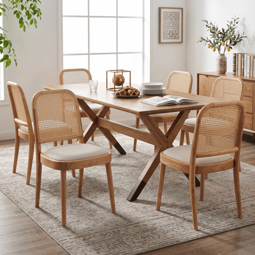 2 cadeiras de jantar - encosto em rattan, estofadas em linho, confortáveis e respiráveis, estilo moderno - cor de madeira