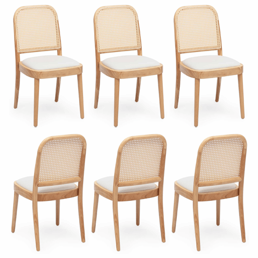6 cadeiras de jantar - encosto em rattan, madeira maciça, estofo em linho confortável e respirável, estilo moderno - cor de madeira 6 cadeiras de jantar - encosto em rattan, madeira maciça, estofo em linho confortável e respirável, estilo moderno - cor de madeira