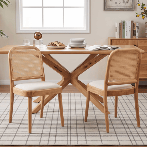 6 cadeiras de jantar - encosto em rattan, madeira maciça, estofo em linho confortável e respirável, estilo moderno - cor de madeira 6 cadeiras de jantar - encosto em rattan, madeira maciça, estofo em linho confortável e respirável, estilo moderno - cor de madeira