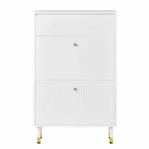 Armário de sapatos de 60 cm u2013 estreito, com portas basculantes, gaveta e design ondulado com pés metálicos cilíndricos u2013 Branco Armário de sapatos de 60 cm u2013 estreito, com portas basculantes, gaveta e design ondulado com pés metálicos cilíndricos u2013 Branco