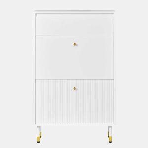 Armário de sapatos de 60 cm u2013 estreito, com portas basculantes, gaveta e design ondulado com pés metálicos cilíndricos u2013 Branco