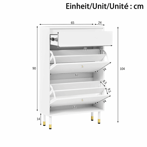 Armário de sapatos de 60 cm u2013 estreito, com portas basculantes, gaveta e design ondulado com pés metálicos cilíndricos u2013 Branco Armário de sapatos de 60 cm u2013 estreito, com portas basculantes, gaveta e design ondulado com pés metálicos cilíndricos u2013 Branco