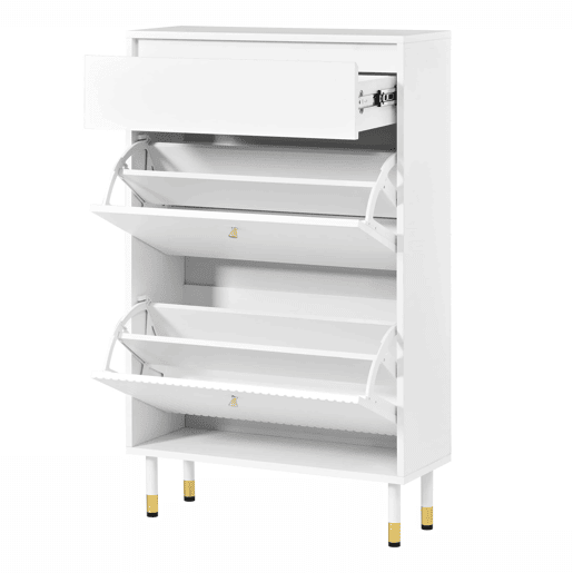 Armário de sapatos de 60 cm u2013 estreito, com portas basculantes, gaveta e design ondulado com pés metálicos cilíndricos u2013 Branco Armário de sapatos de 60 cm u2013 estreito, com portas basculantes, gaveta e design ondulado com pés metálicos cilíndricos u2013 Branco