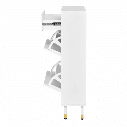Armário de sapatos de 60 cm u2013 estreito, com portas basculantes, gaveta e design ondulado com pés metálicos cilíndricos u2013 Branco Armário de sapatos de 60 cm u2013 estreito, com portas basculantes, gaveta e design ondulado com pés metálicos cilíndricos u2013 Branco