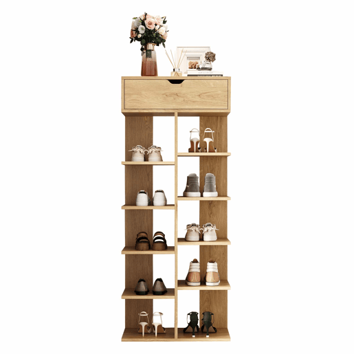 Armário 55×33×133 cm - multifuncional com 10 prateleiras e uma gaveta, design aberto para a entrada - cor natural Armário 55×33×133 cm - multifuncional com 10 prateleiras e uma gaveta, design aberto para a entrada - cor natural