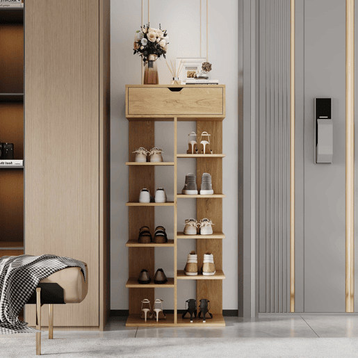 Armário 55×33×133 cm - multifuncional com 10 prateleiras e uma gaveta, design aberto para a entrada - cor natural Armário 55×33×133 cm - multifuncional com 10 prateleiras e uma gaveta, design aberto para a entrada - cor natural
