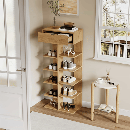 Armário 55×33×133 cm - multifuncional com 10 prateleiras e uma gaveta, design aberto para a entrada - cor natural Armário 55×33×133 cm - multifuncional com 10 prateleiras e uma gaveta, design aberto para a entrada - cor natural