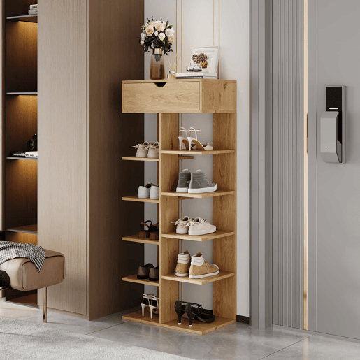 Armário 55×33×133 cm - multifuncional com 10 prateleiras e uma gaveta, design aberto para a entrada - cor natural Armário 55×33×133 cm - multifuncional com 10 prateleiras e uma gaveta, design aberto para a entrada - cor natural