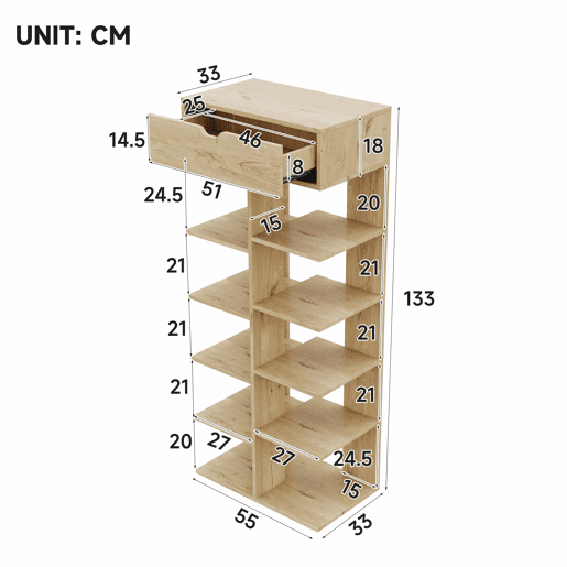Armário 55×33×133 cm - multifuncional com 10 prateleiras e uma gaveta, design aberto para a entrada - cor natural Armário 55×33×133 cm - multifuncional com 10 prateleiras e uma gaveta, design aberto para a entrada - cor natural