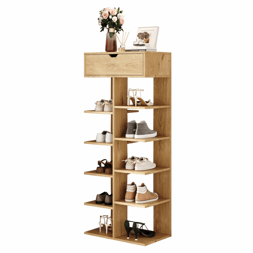 Armário 55×33×133 cm - multifuncional com 10 prateleiras e uma gaveta, design aberto para a entrada - cor natural Armário 55×33×133 cm - multifuncional com 10 prateleiras e uma gaveta, design aberto para a entrada - cor natural