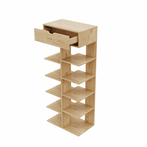 Armário 55×33×133 cm - multifuncional com 10 prateleiras e uma gaveta, design aberto para a entrada - cor natural Armário 55×33×133 cm - multifuncional com 10 prateleiras e uma gaveta, design aberto para a entrada - cor natural