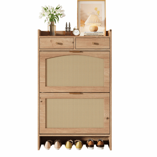 Armário de sapatos 65×25×106 cm u2013 com portas duplas de rattan, 2 gavetas e compartimentos de arrumação em várias camadas u2013 cor natural Armário de sapatos 65×25×106 cm u2013 com portas duplas de rattan, 2 gavetas e compartimentos de arrumação em várias camadas u2013 cor natural