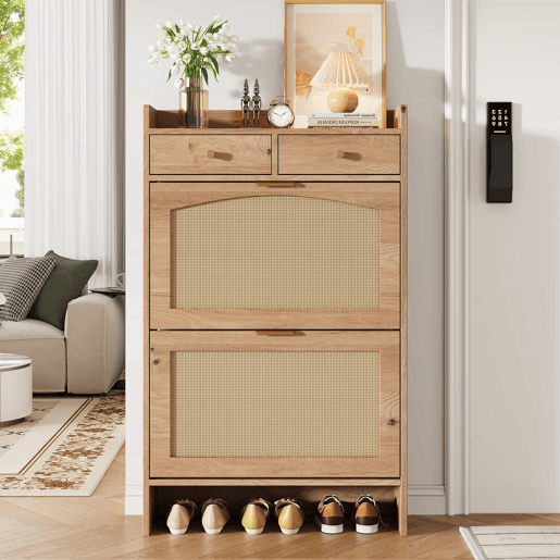 Armário de sapatos 65×25×106 cm u2013 com portas duplas de rattan, 2 gavetas e compartimentos de arrumação em várias camadas u2013 cor natural Armário de sapatos 65×25×106 cm u2013 com portas duplas de rattan, 2 gavetas e compartimentos de arrumação em várias camadas u2013 cor natural