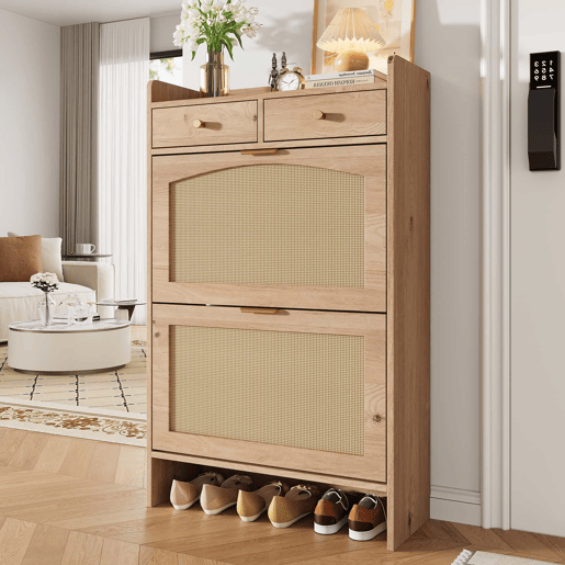 Armário de sapatos 65×25×106 cm u2013 com portas duplas de rattan, 2 gavetas e compartimentos de arrumação em várias camadas u2013 cor natural Armário de sapatos 65×25×106 cm u2013 com portas duplas de rattan, 2 gavetas e compartimentos de arrumação em várias camadas u2013 cor natural