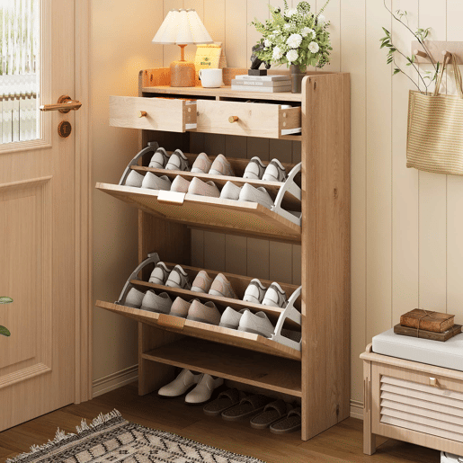 Armário de sapatos 65×25×106 cm u2013 com portas duplas de rattan, 2 gavetas e compartimentos de arrumação em várias camadas u2013 cor natural Armário de sapatos 65×25×106 cm u2013 com portas duplas de rattan, 2 gavetas e compartimentos de arrumação em várias camadas u2013 cor natural