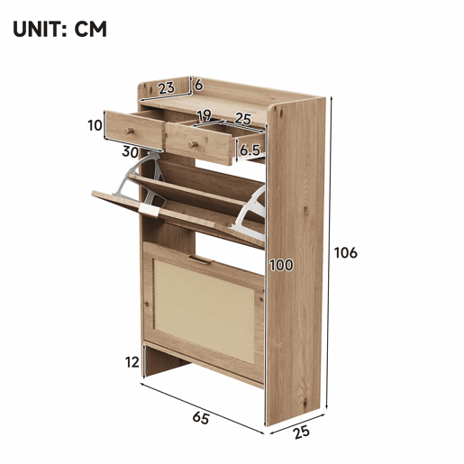 Armário de sapatos 65×25×106 cm u2013 com portas duplas de rattan, 2 gavetas e compartimentos de arrumação em várias camadas u2013 cor natural Armário de sapatos 65×25×106 cm u2013 com portas duplas de rattan, 2 gavetas e compartimentos de arrumação em várias camadas u2013 cor natural