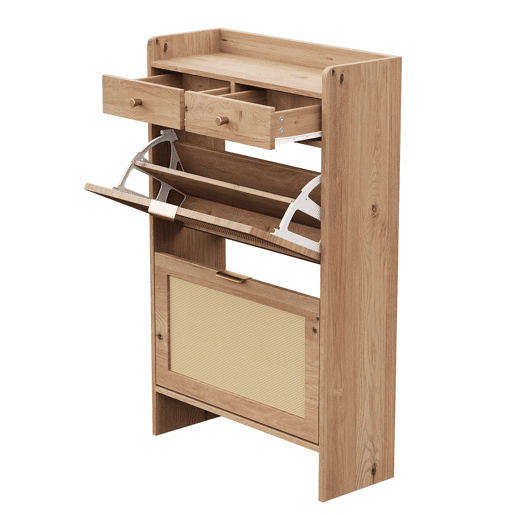 Armário de sapatos 65×25×106 cm u2013 com portas duplas de rattan, 2 gavetas e compartimentos de arrumação em várias camadas u2013 cor natural Armário de sapatos 65×25×106 cm u2013 com portas duplas de rattan, 2 gavetas e compartimentos de arrumação em várias camadas u2013 cor natural