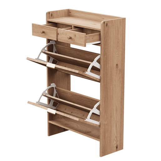 Armário de sapatos 65×25×106 cm u2013 com portas duplas de rattan, 2 gavetas e compartimentos de arrumação em várias camadas u2013 cor natural Armário de sapatos 65×25×106 cm u2013 com portas duplas de rattan, 2 gavetas e compartimentos de arrumação em várias camadas u2013 cor natural