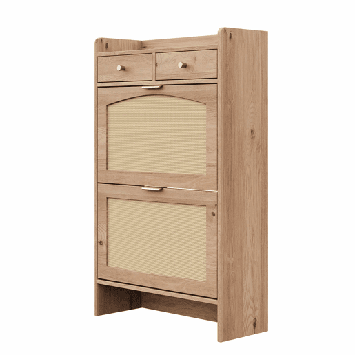 Armário de sapatos 65×25×106 cm u2013 com portas duplas de rattan, 2 gavetas e compartimentos de arrumação em várias camadas u2013 cor natural Armário de sapatos 65×25×106 cm u2013 com portas duplas de rattan, 2 gavetas e compartimentos de arrumação em várias camadas u2013 cor natural