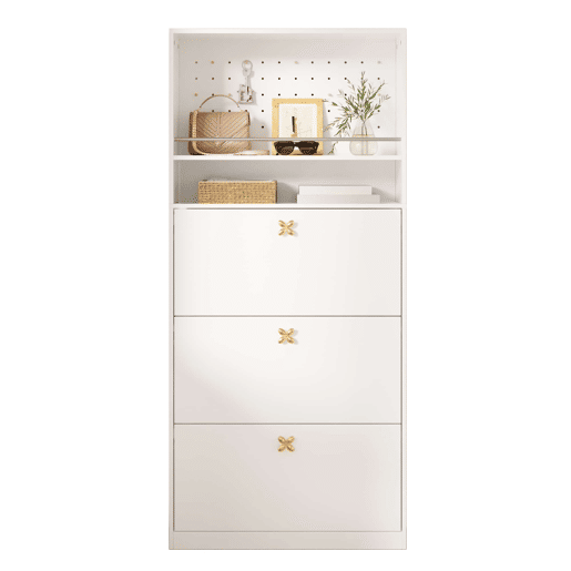 Armário 80x24x178,5 cm - com 3 compartimentos rebatíveis, 2 prateleiras abertas e puxadores dourados - Branco Armário 80x24x178,5 cm - com 3 compartimentos rebatíveis, 2 prateleiras abertas e puxadores dourados - Branco