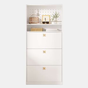 Armário 80x24x178,5 cm - com 3 compartimentos rebatÃveis, 2 prateleiras abertas e puxadores dourados - Branco