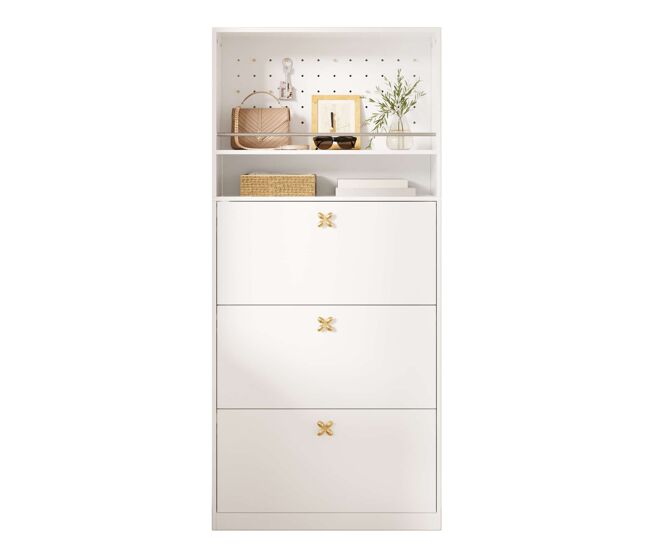Zapatero 80x24x178,5 cm - con 3 compartimentos abatibles, 2 estantes abiertos y tiradores dorados - blanco