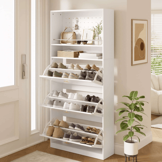 Armário 80x24x178,5 cm - com 3 compartimentos rebatíveis, 2 prateleiras abertas e puxadores dourados - Branco Armário 80x24x178,5 cm - com 3 compartimentos rebatíveis, 2 prateleiras abertas e puxadores dourados - Branco