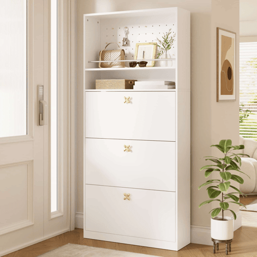 Armário 80x24x178,5 cm - com 3 compartimentos rebatíveis, 2 prateleiras abertas e puxadores dourados - Branco Armário 80x24x178,5 cm - com 3 compartimentos rebatíveis, 2 prateleiras abertas e puxadores dourados - Branco