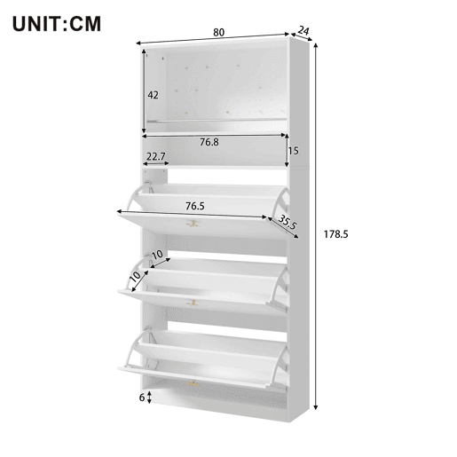 Armário 80x24x178,5 cm - com 3 compartimentos rebatíveis, 2 prateleiras abertas e puxadores dourados - Branco Armário 80x24x178,5 cm - com 3 compartimentos rebatíveis, 2 prateleiras abertas e puxadores dourados - Branco