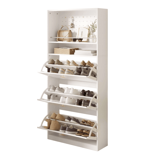 Armário 80x24x178,5 cm - com 3 compartimentos rebatíveis, 2 prateleiras abertas e puxadores dourados - Branco Armário 80x24x178,5 cm - com 3 compartimentos rebatíveis, 2 prateleiras abertas e puxadores dourados - Branco
