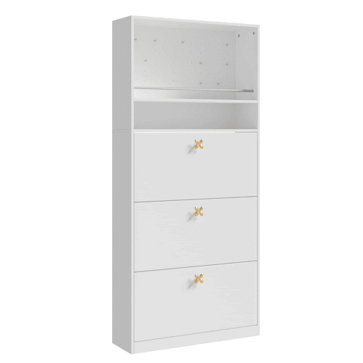 Armário 80x24x178,5 cm - com 3 compartimentos rebatíveis, 2 prateleiras abertas e puxadores dourados - Branco Armário 80x24x178,5 cm - com 3 compartimentos rebatíveis, 2 prateleiras abertas e puxadores dourados - Branco