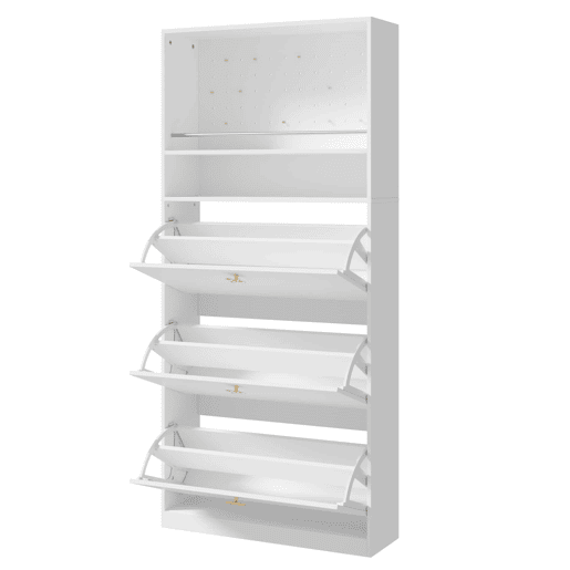 Armário 80x24x178,5 cm - com 3 compartimentos rebatíveis, 2 prateleiras abertas e puxadores dourados - Branco Armário 80x24x178,5 cm - com 3 compartimentos rebatíveis, 2 prateleiras abertas e puxadores dourados - Branco