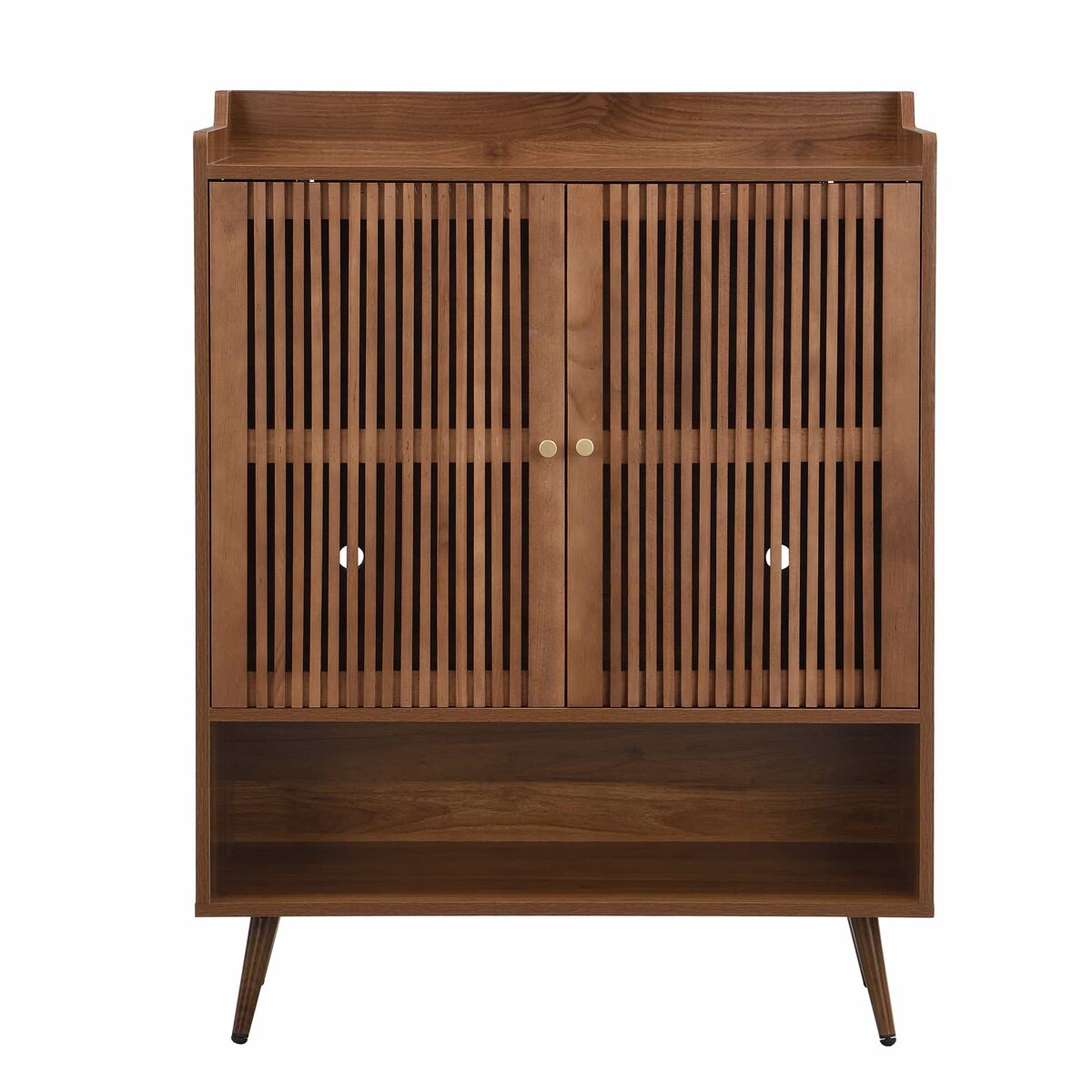 Zapatero - mueble recibidor con puertas de listones verticales, compartimento abierto, estante fijo, tiradores de aluminio y patas de hierro cónicas -
