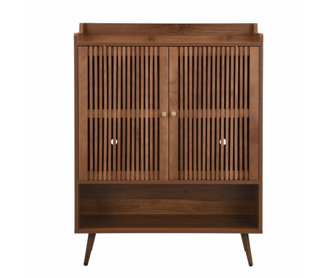 Zapatero - mueble recibidor con puertas de listones verticales, compartimento abierto, estante fijo, tiradores de aluminio y patas de hierro cónicas -