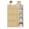 Armário de sapatos estreito 90×24×130 cm - 3 compartimentos rebatíveis, prateleiras ajustáveis, 2 gavetas e prateleiras laterais abertas em rattan - Branco Natural