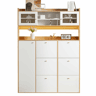 Armário de sapatos 130 x 25 x 180 cm u2013 com espelho de vidro, iluminação LED, 6 compartimentos rebatíveis e 1 porta, design estreito e compacto u2013 Branco + Natural