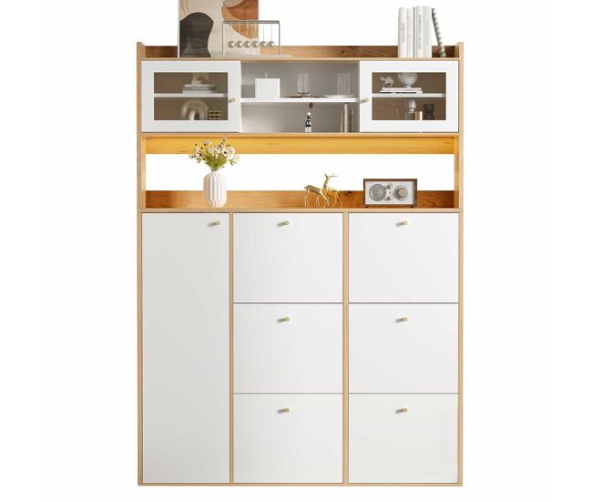 Zapatero 130x25x180 cm - con espejo de cristal, iluminación led, 6 compartimentos abatibles y 1 puerta, diseño estrecho y compacto - blanco+natural