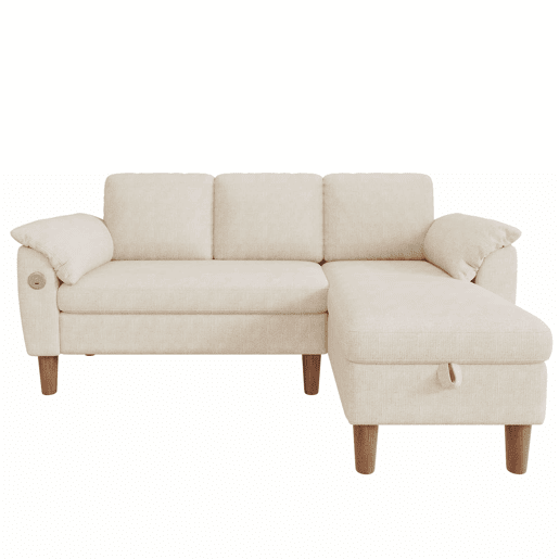Sofá de canto L de 3 lugares u2013 com chaise longue com arrumação, USBType-C, reversível e tecido de chenille u2013 Bege Sofá de canto L de 3 lugares u2013 com chaise longue com arrumação, USBType-C, reversível e tecido de chenille u2013 Bege